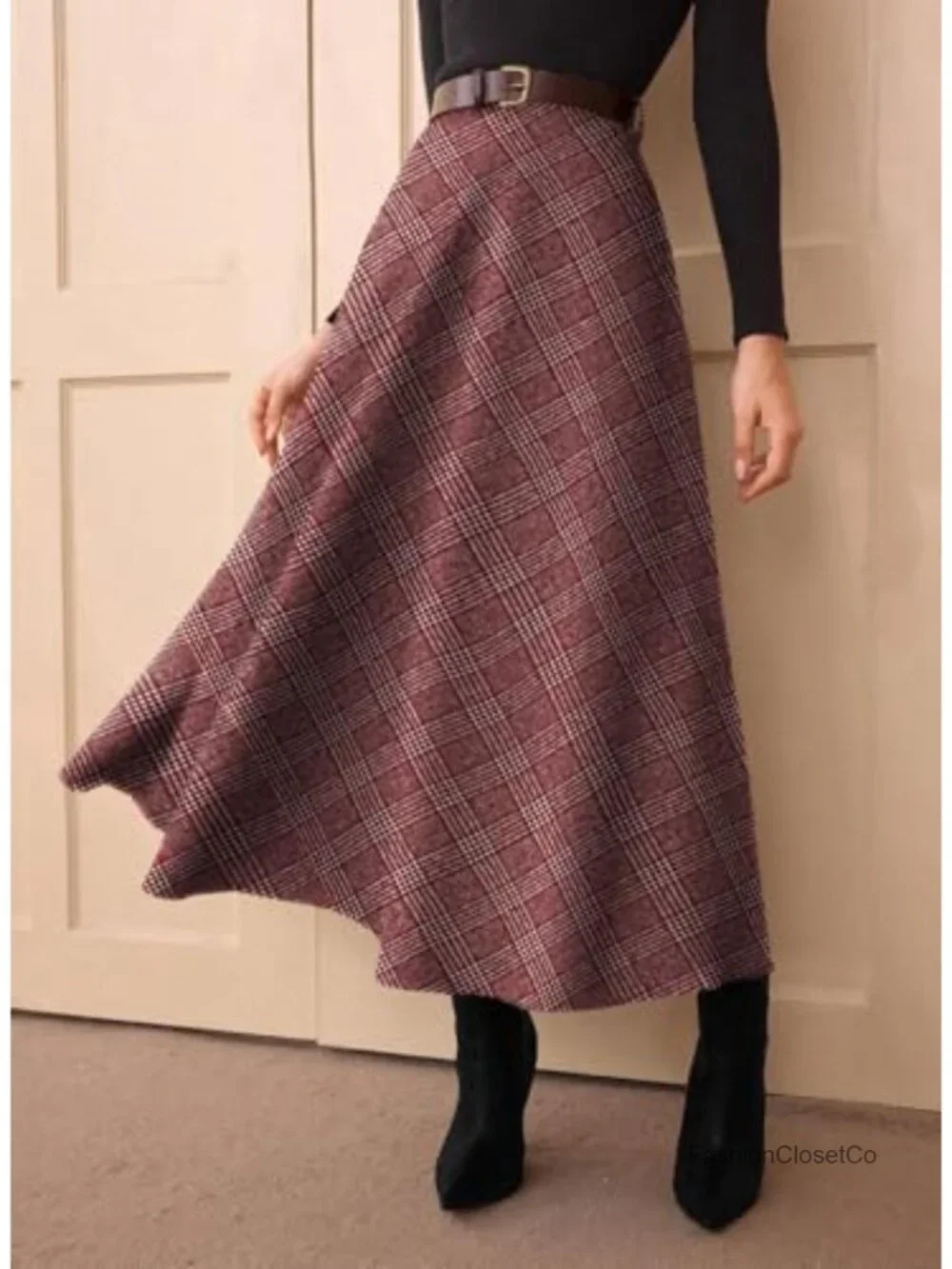 A-Line High Waist Flared Tartan Midi Skirt with Pockets